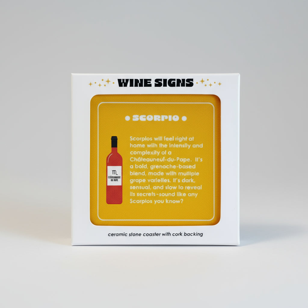 Wine-themed ceramic stone coaster with cork backing featuring a Scorpio wine recommendation on a white background.