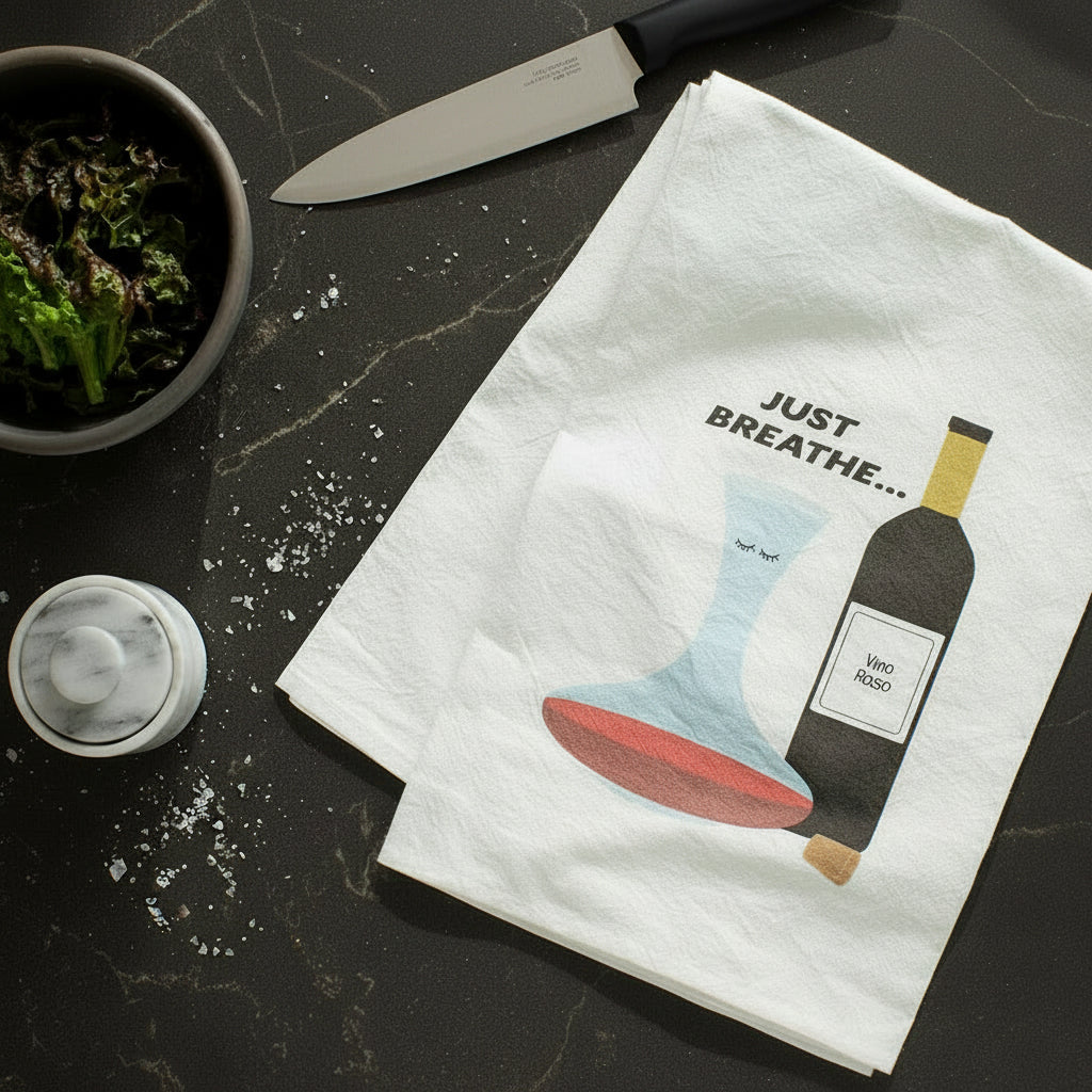 Tea towel with wine bottle and carafe design on a kitchen counter.