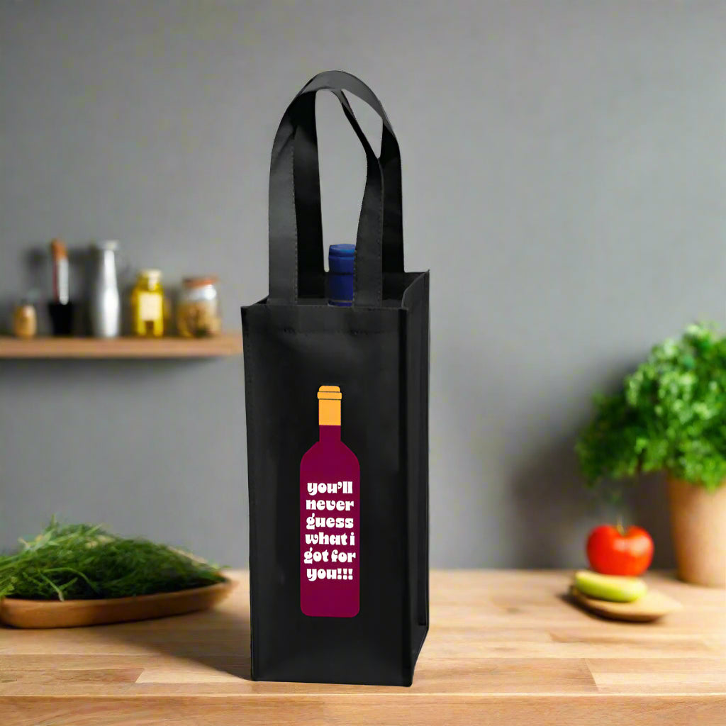 Black wine bag with a colorful bottle graphic and text on a gray background